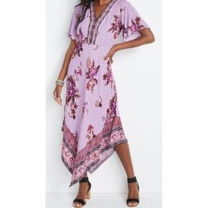Maurices Womens 3X Purple Floral Flutter Sleeve Handkerchief Hem Midi Dress NWT